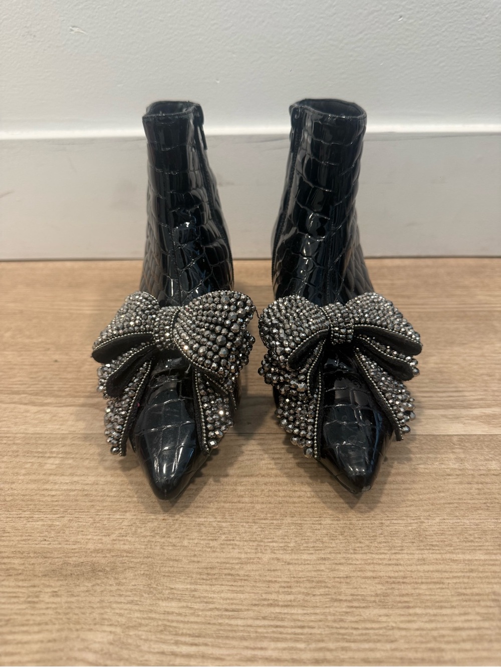 Jeffrey Campbell Black Croc-Embossed Pointed Ankle Boots with Beaded Bow
